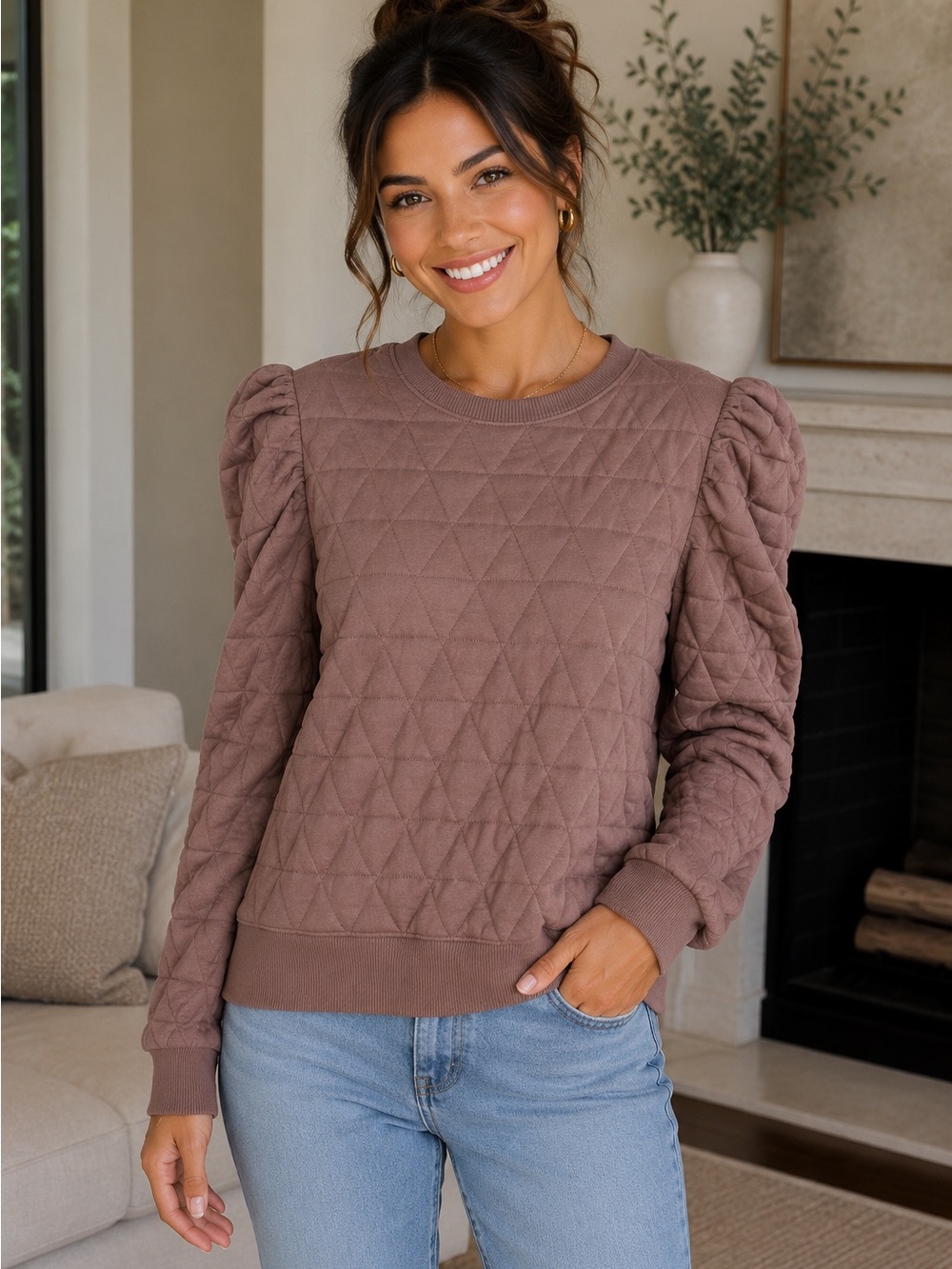 TCEC Quilted Triangle Pattern Puff Sleeve Sweatshirt Crewneck Top - Medium